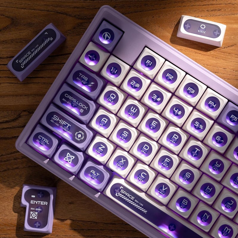 OHY XVX White and Purple Shine Through Keycaps for Mechanical Keyboards - 136 Keys White Translucent Cat Eye Design,Cherry MAX Profile, PC+PBT Frosted RGB Keycaps - Image 4